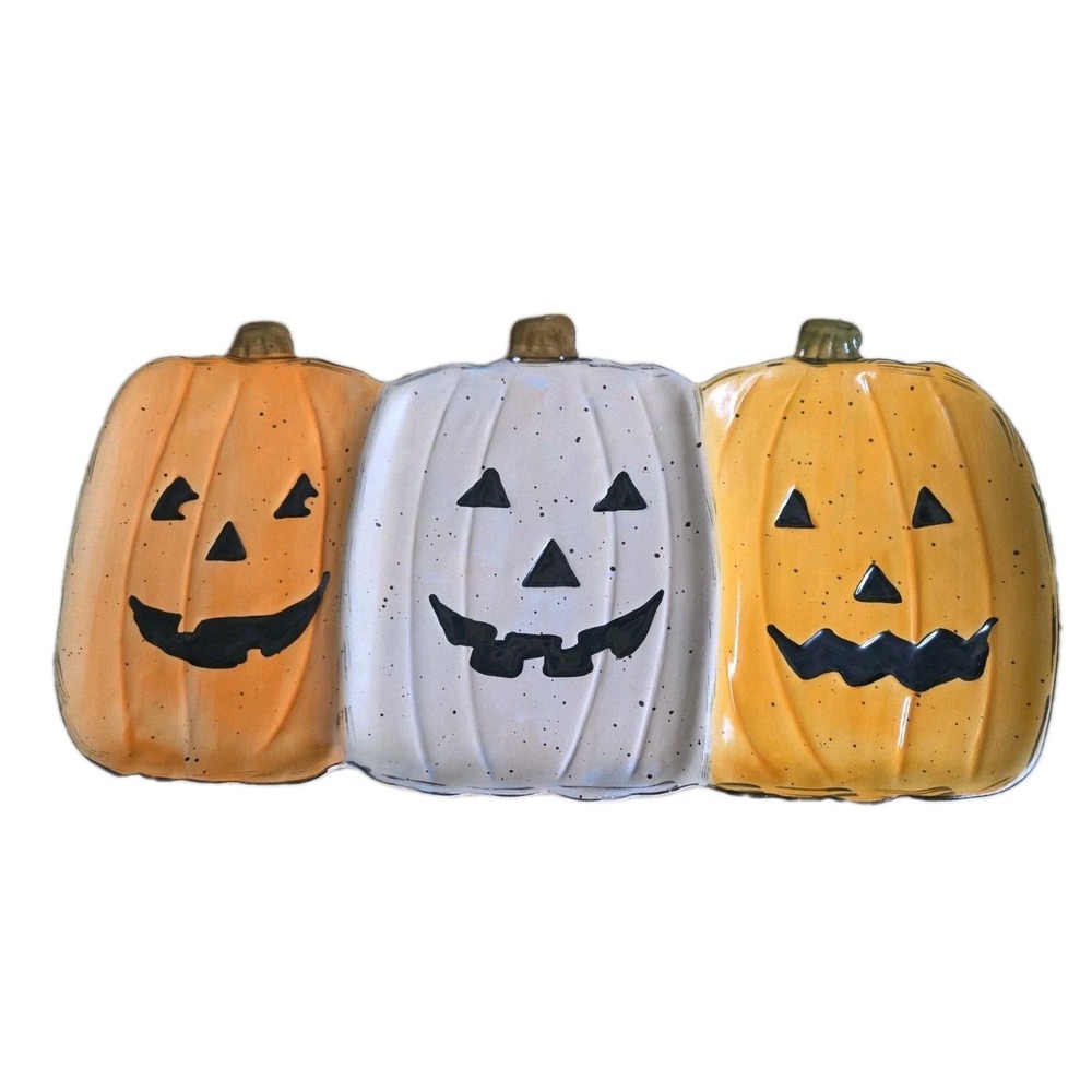 Mud Pie Halloween Triple Pumpkin Jack O Lantern Tidbit Dish Stoneware Plate